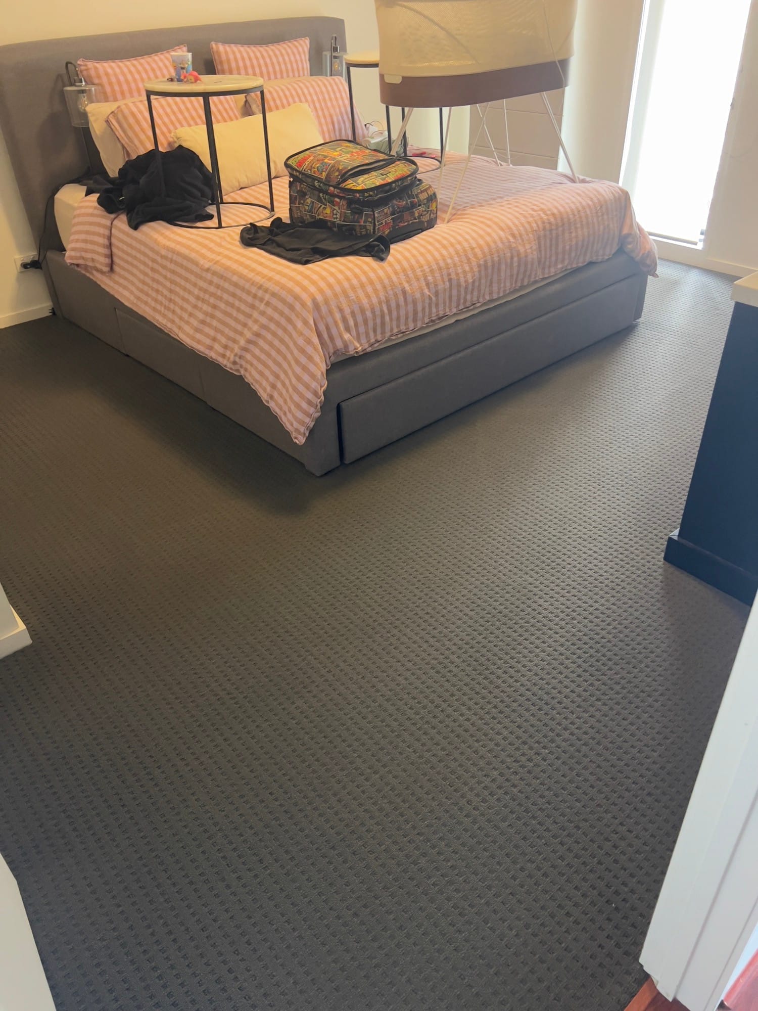 Bedroom carpet after a professional clean, vacuum strokes still showing