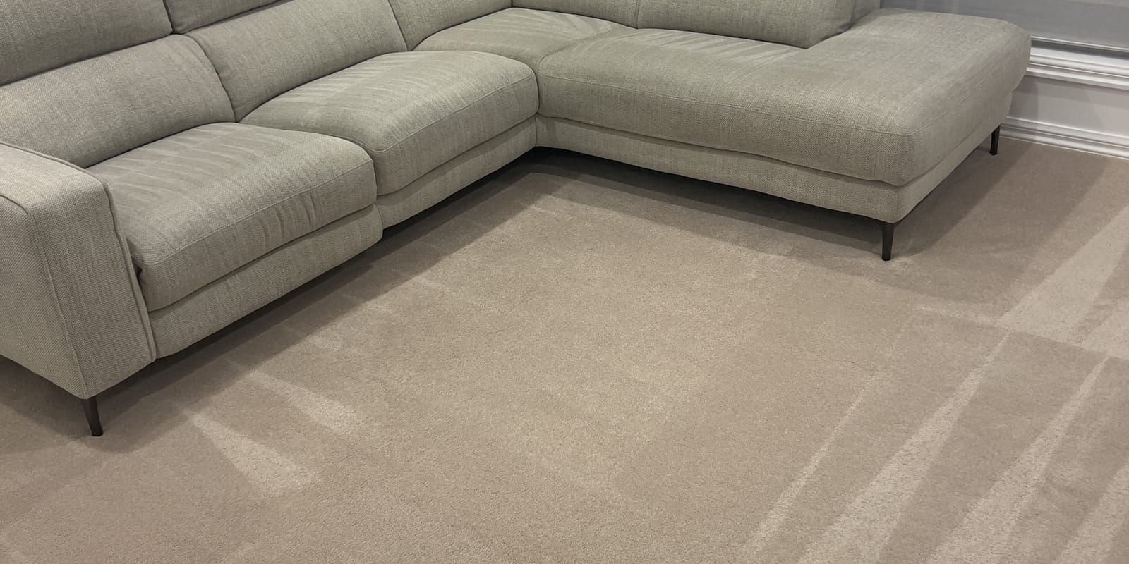 Living room carpet after steam cleaning with visible cleaning strokes beside a fabric sofa